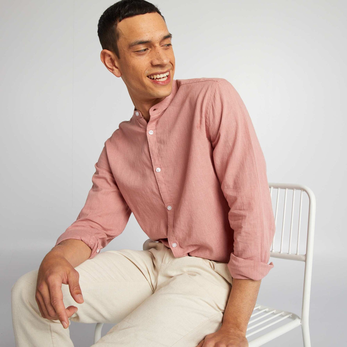 Linen-blend shirt with mandarin collar ORANGE