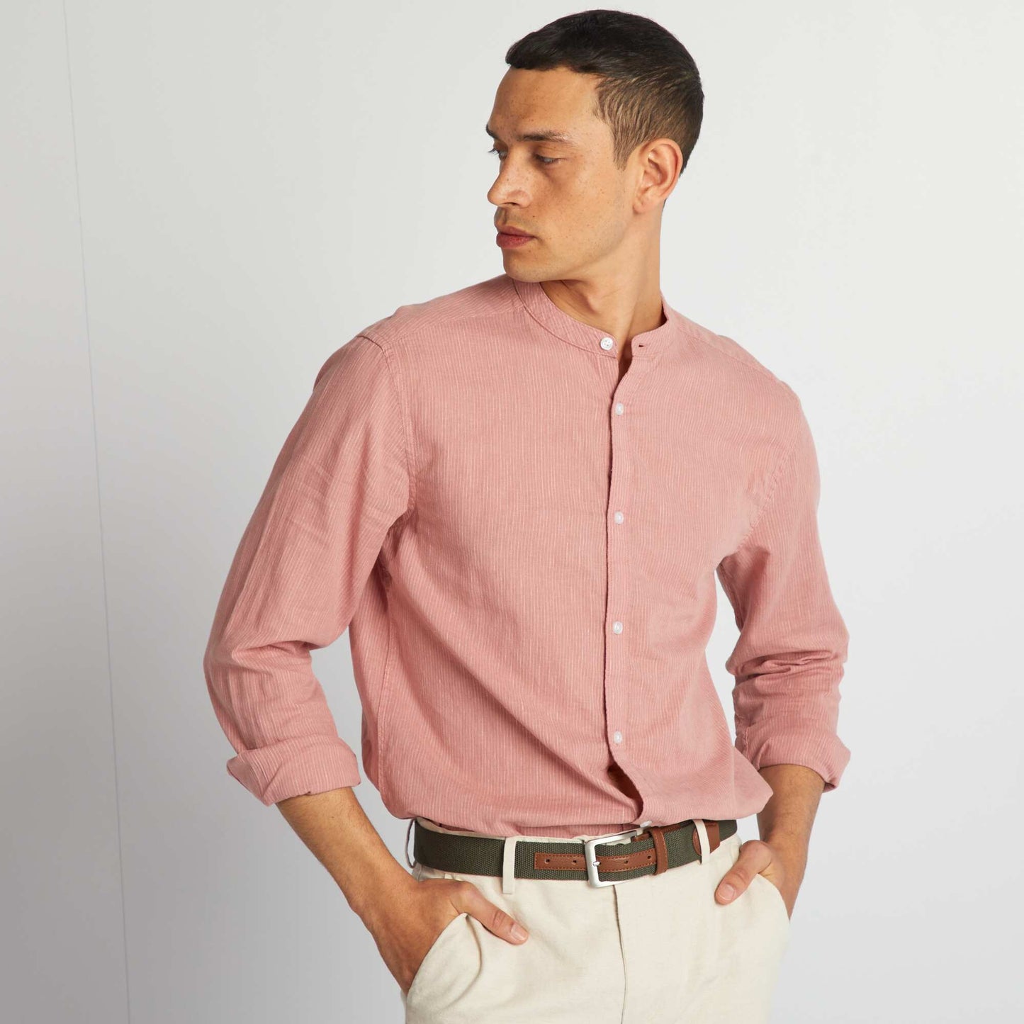 Linen-blend shirt with mandarin collar ORANGE