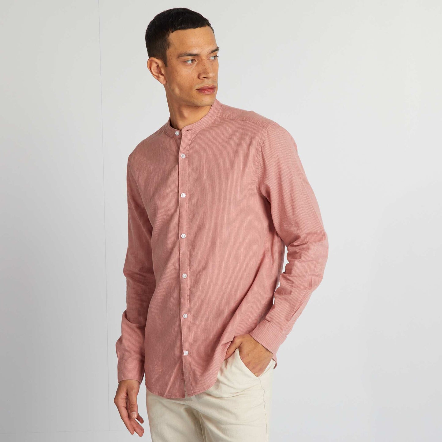 Linen-blend shirt with mandarin collar ORANGE