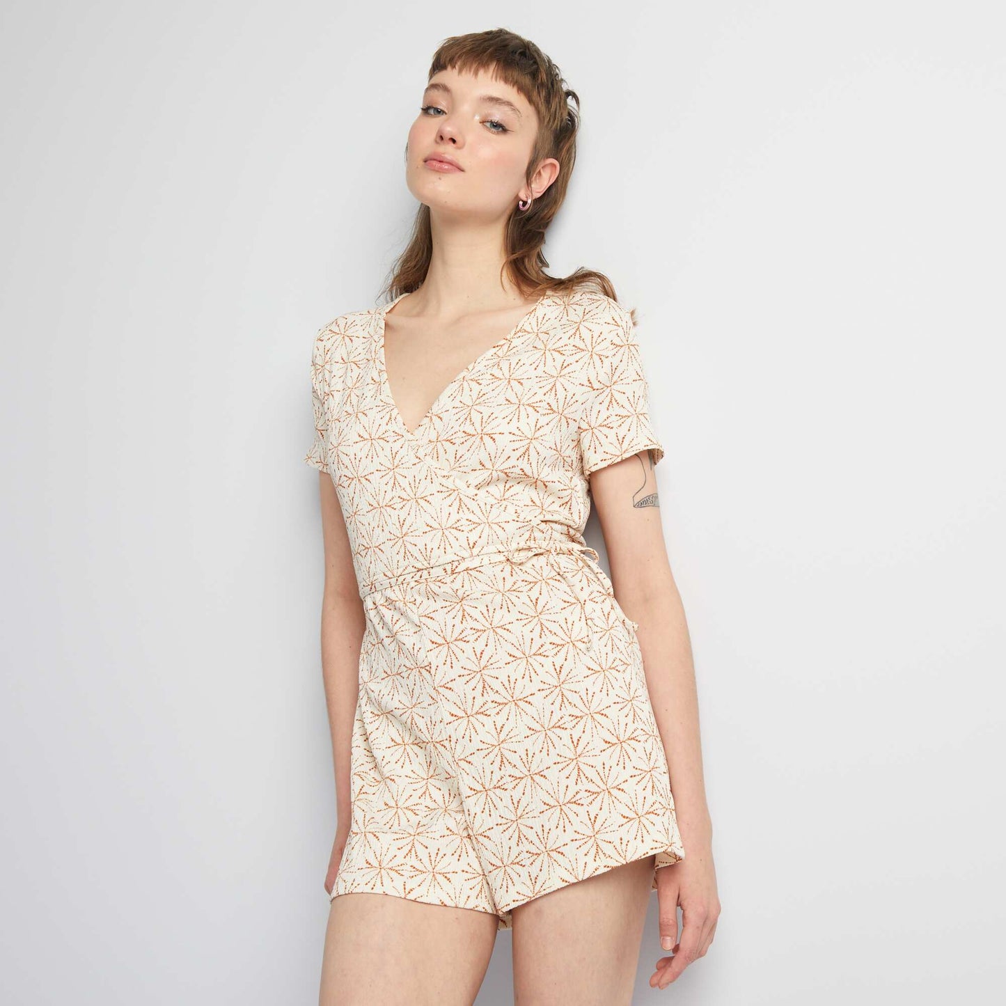 Wrapover neckline printed playsuit BEIGE