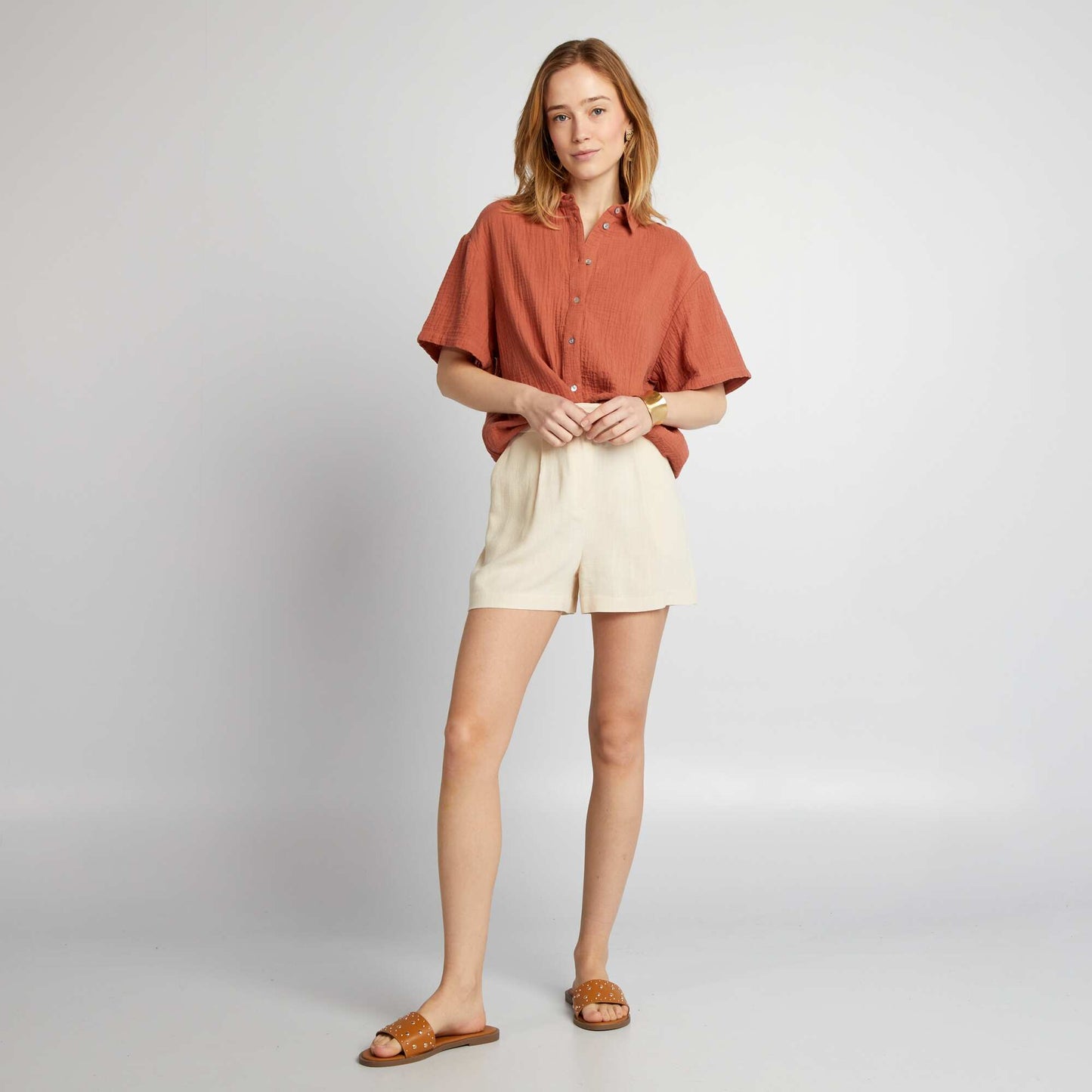 High-rise linen blend shorts BEIGE