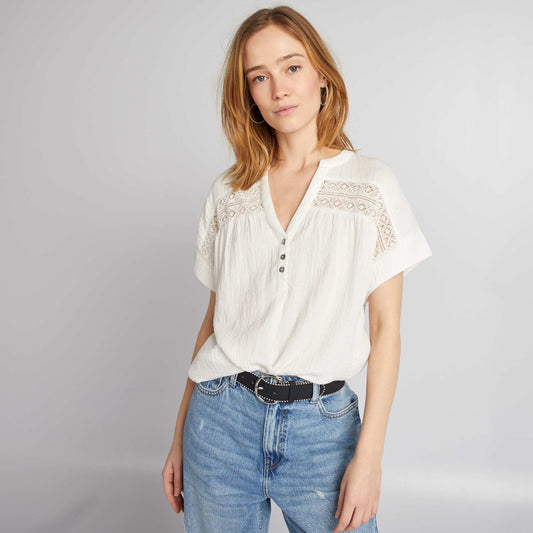 Short-sleeved cotton gauze blouse WHITE