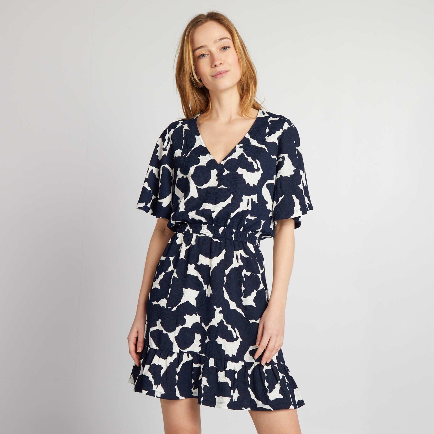 Short printed flounced dress BLUE