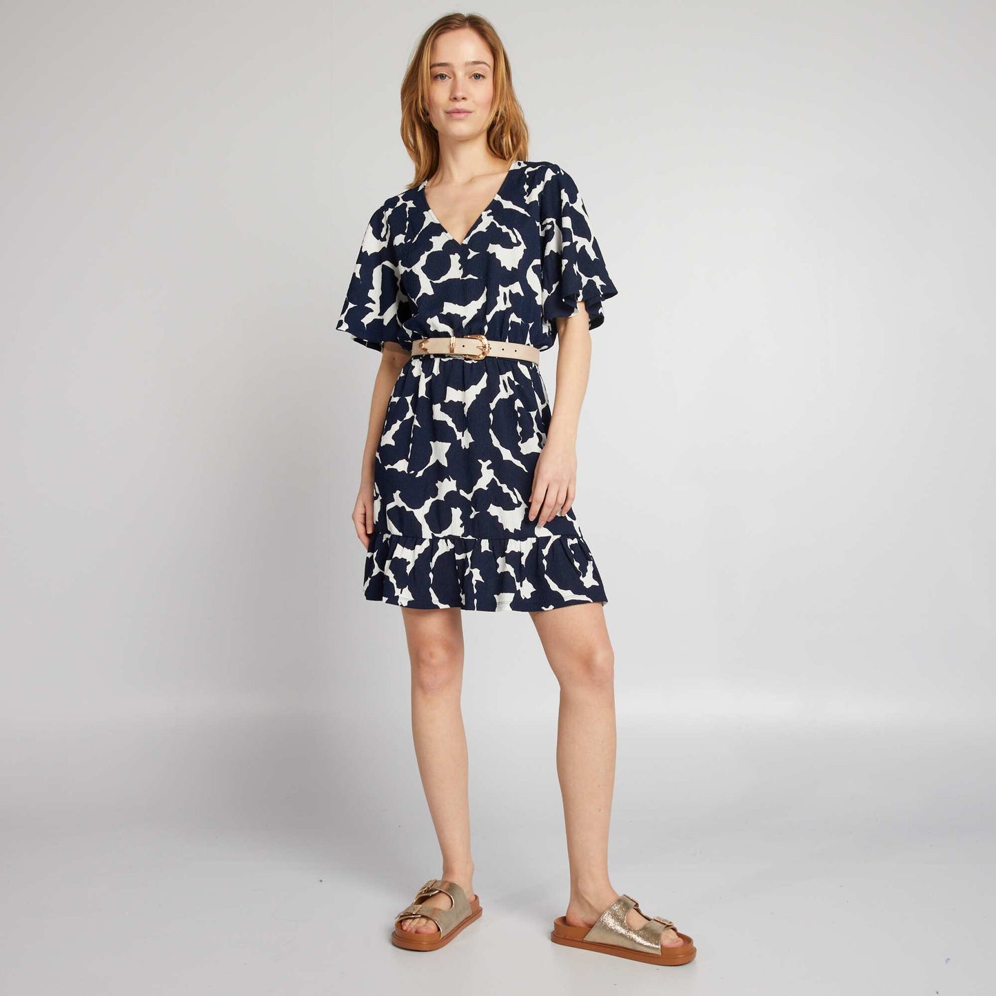 Short printed flounced dress BLUE