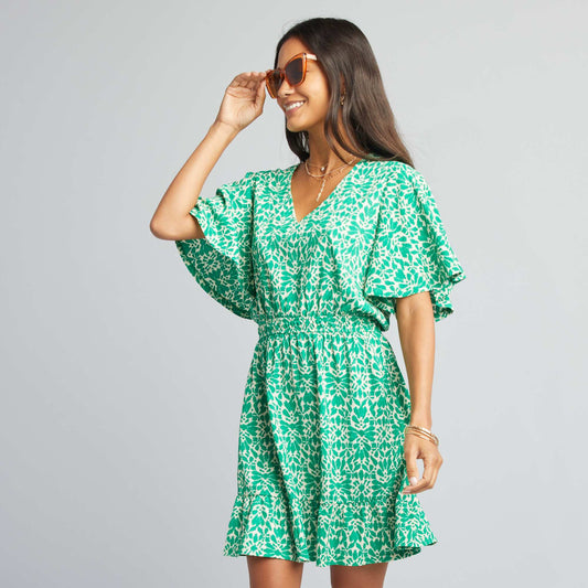 Short printed flounced dress GREEN