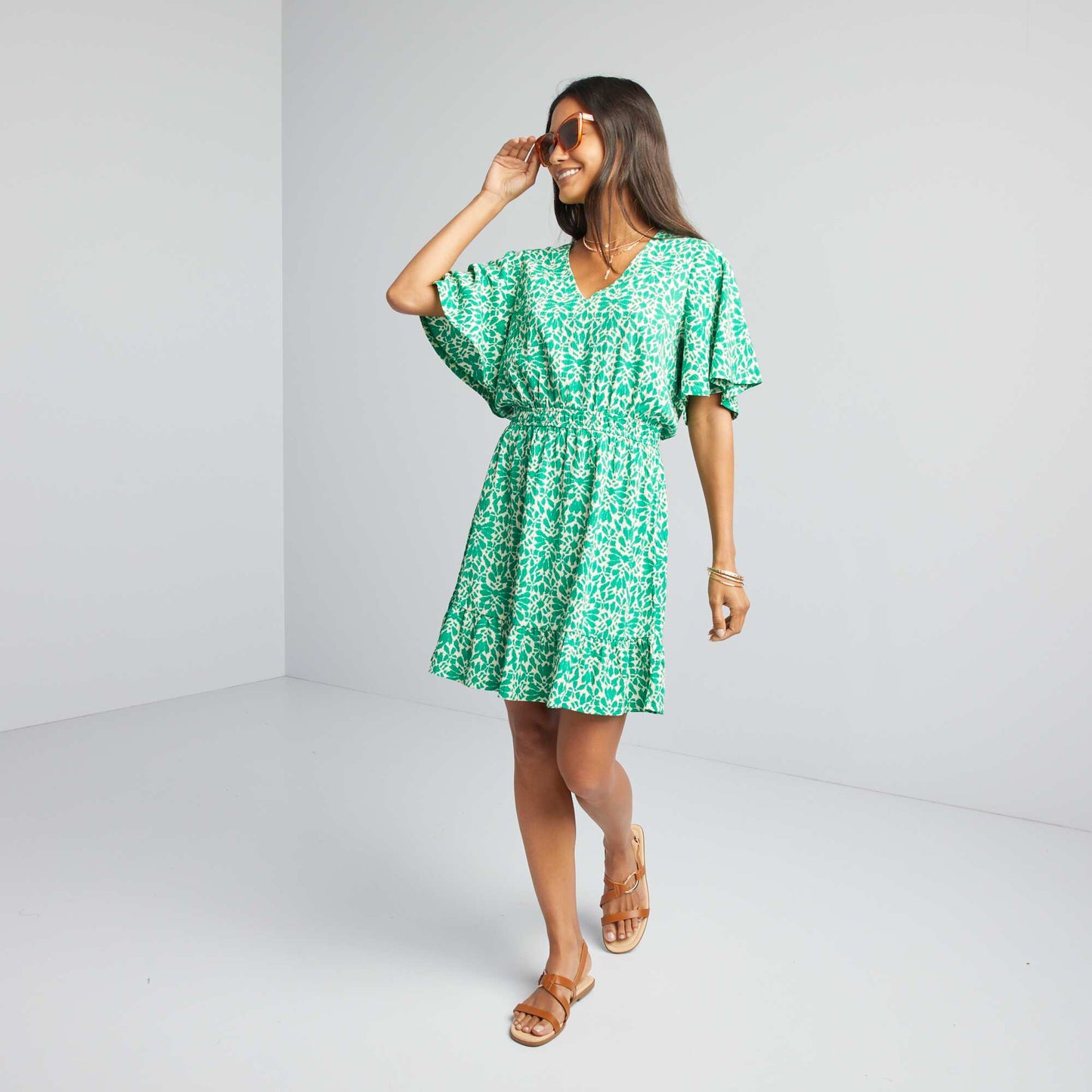 Short printed flounced dress GREEN