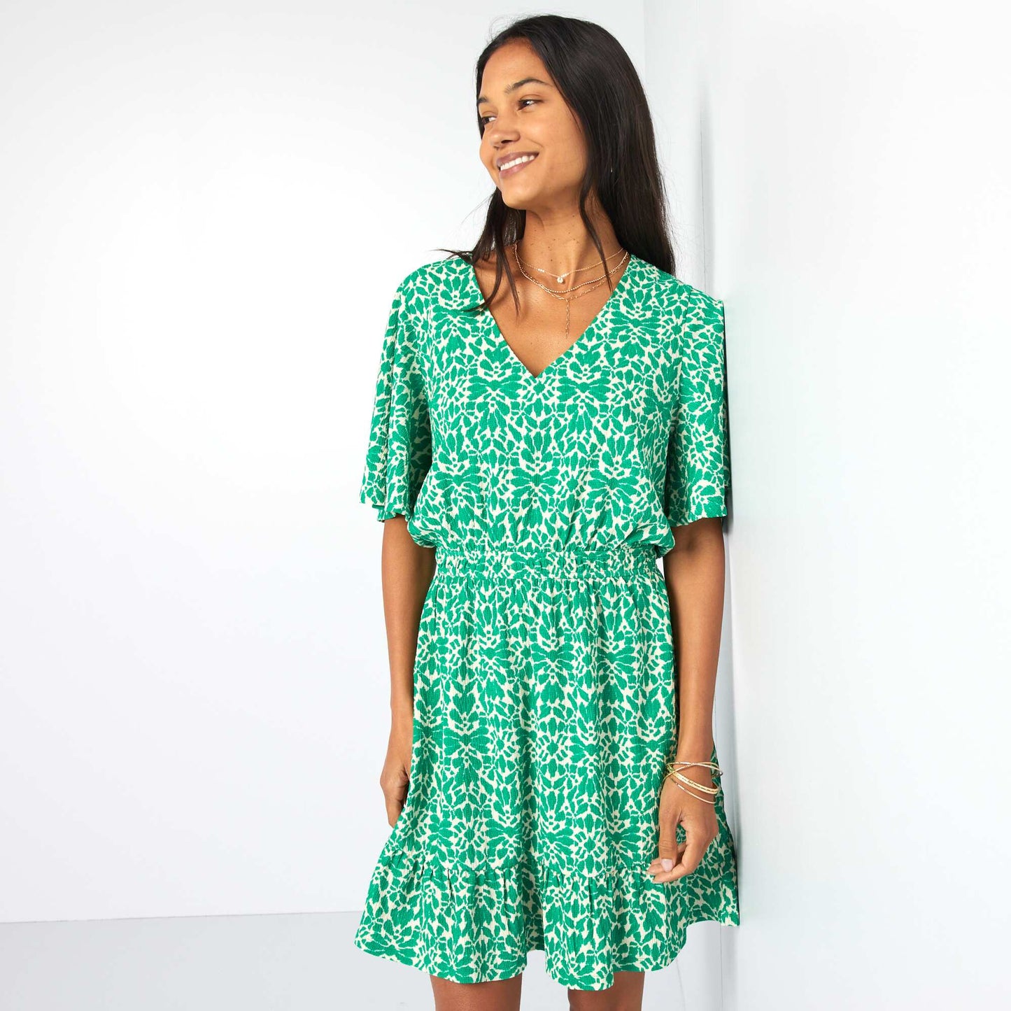 Short printed flounced dress GREEN