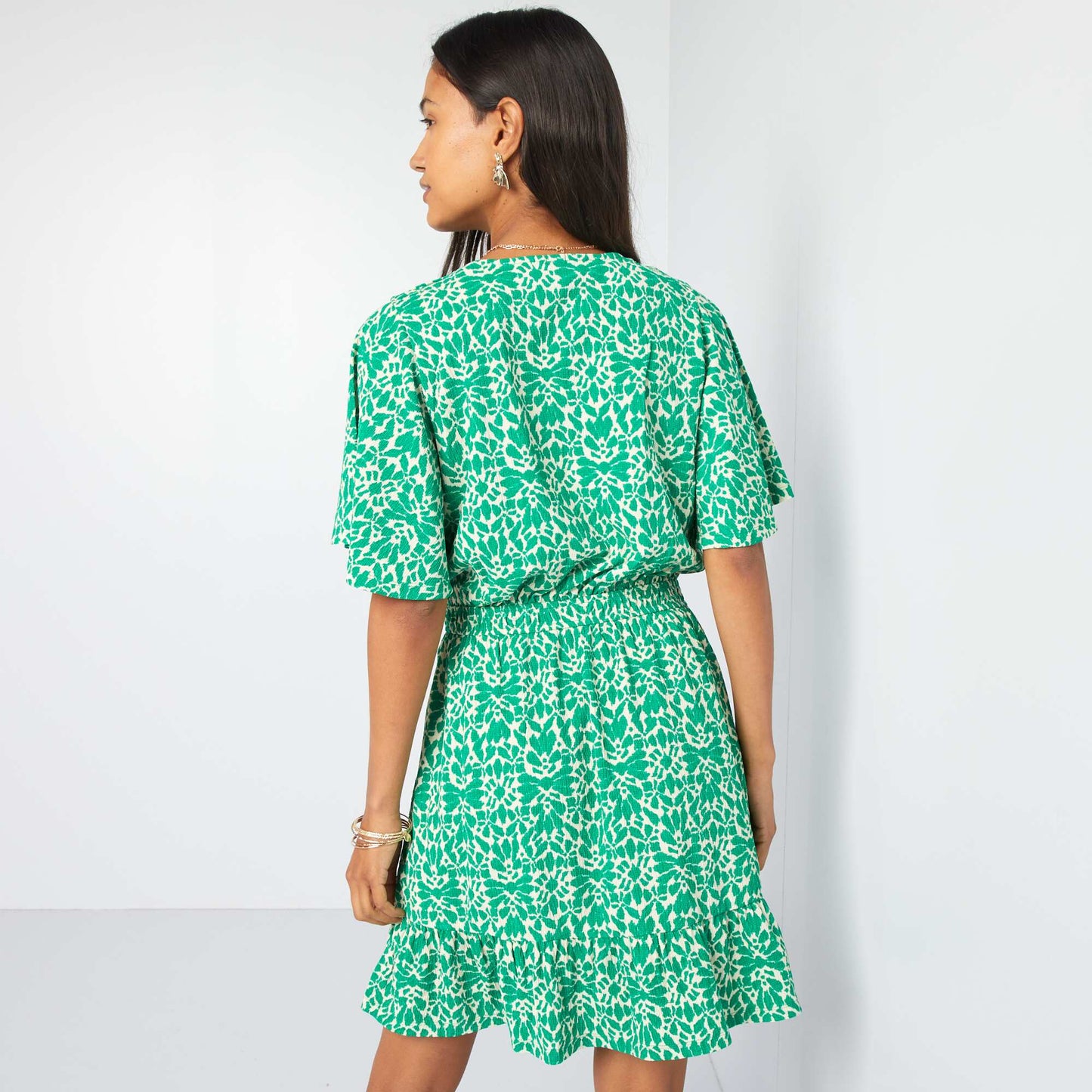 Short printed flounced dress GREEN