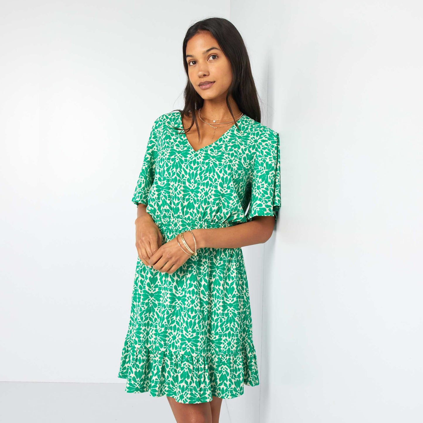 Short printed flounced dress GREEN