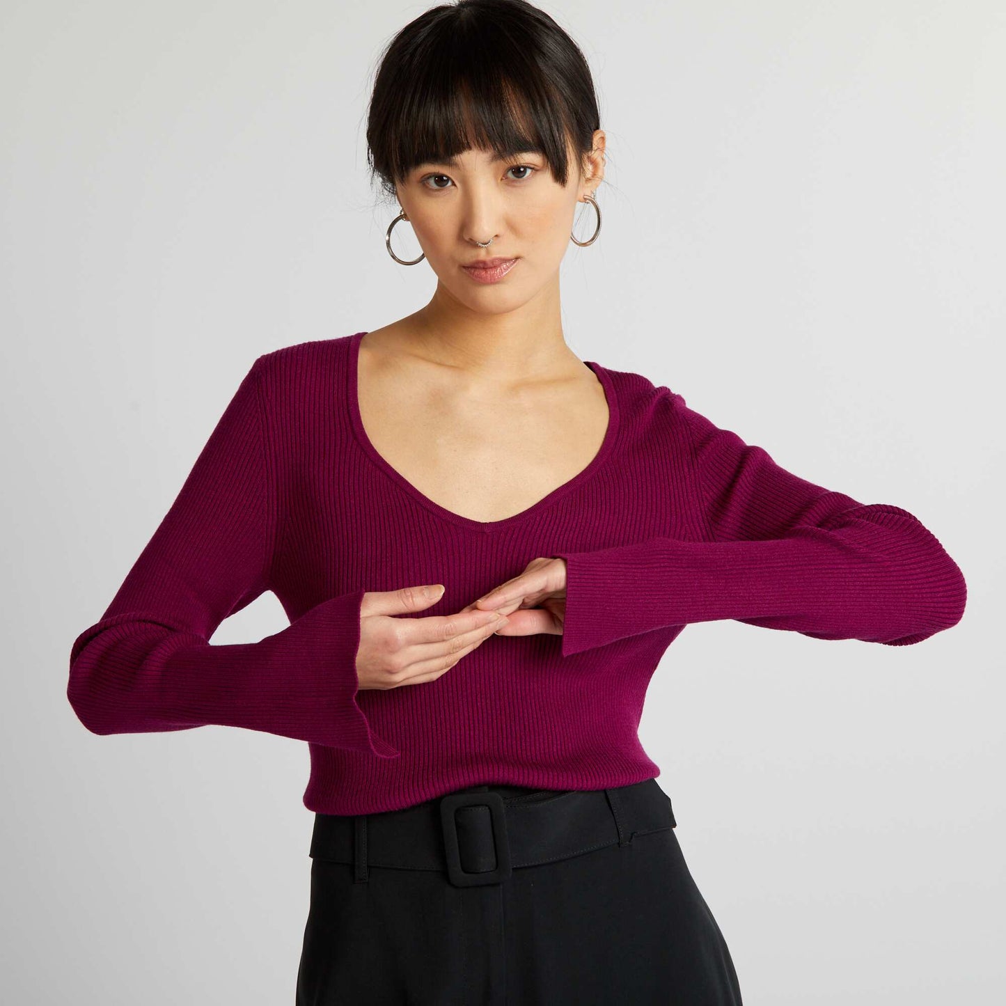 Ribbed sweater with sweetheart neckline PURPLE