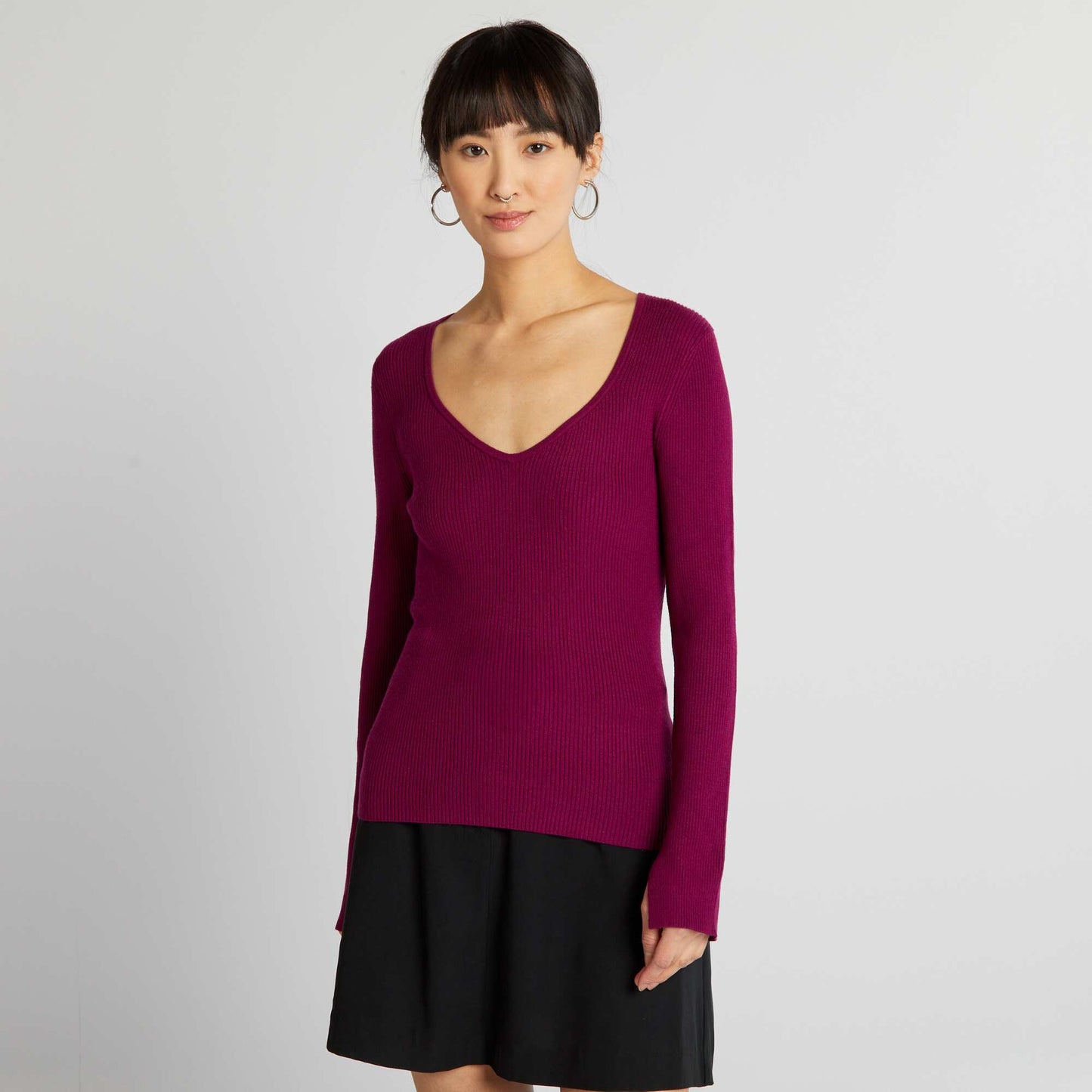 Ribbed sweater with sweetheart neckline PURPLE