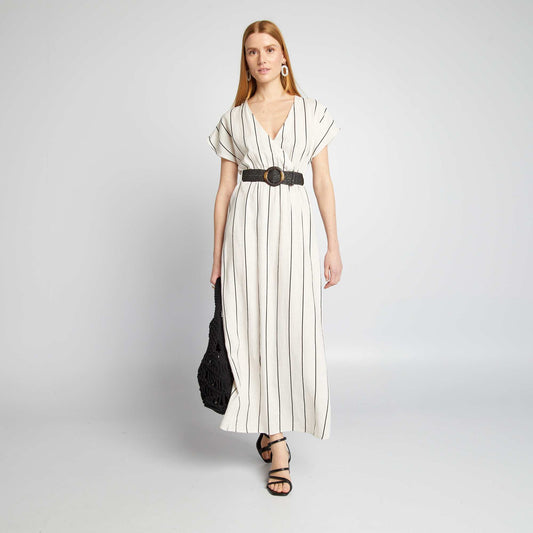 Striped linen-blend dress BEIGE