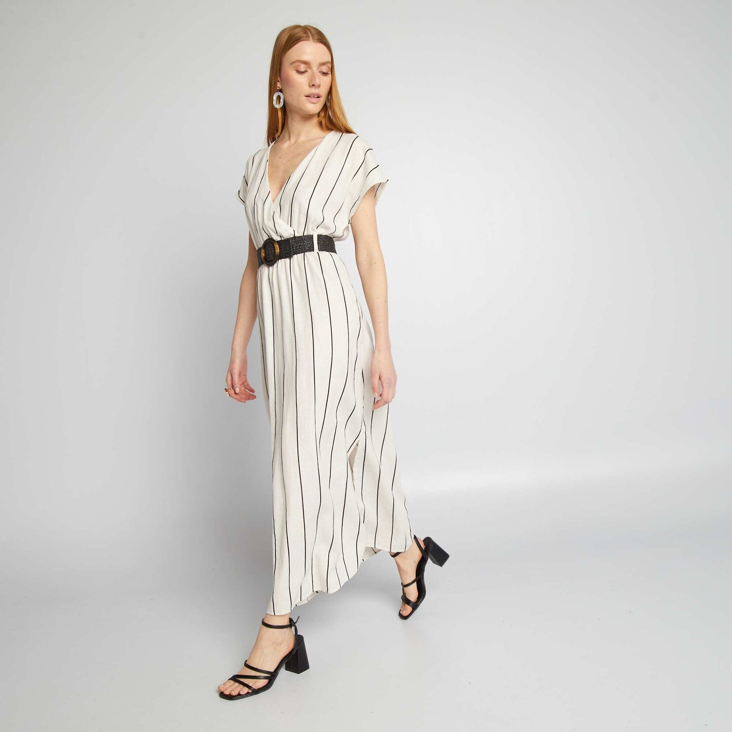 Striped linen-blend dress BEIGE