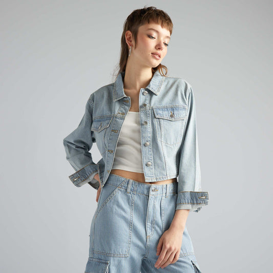 Striped cropped denim jacket BLUE