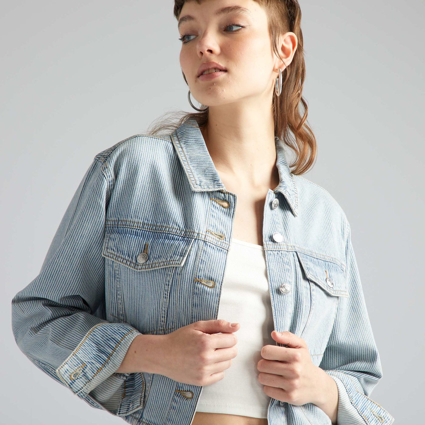 Striped cropped denim jacket BLUE