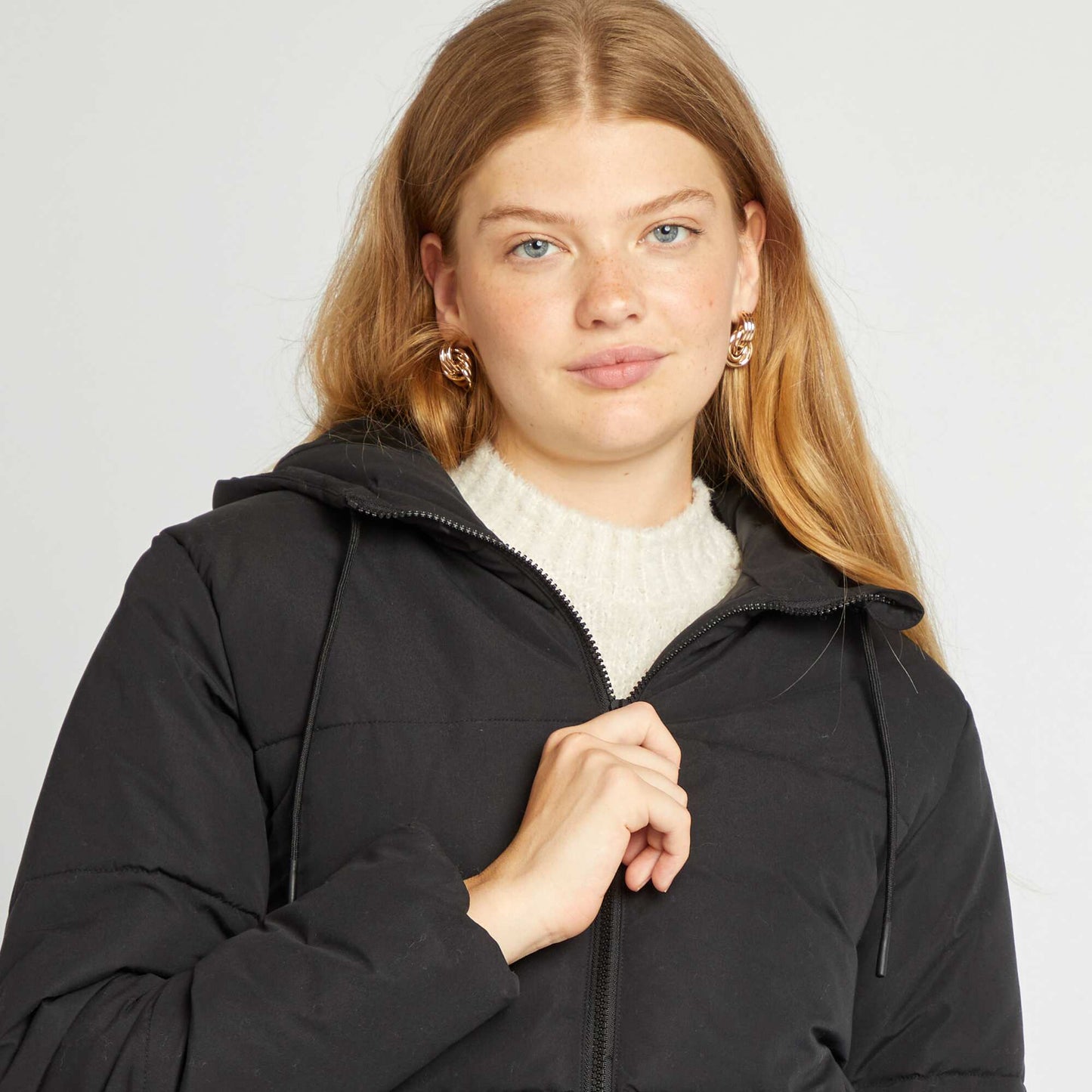 Zip-up hooded padded jacket BLACK