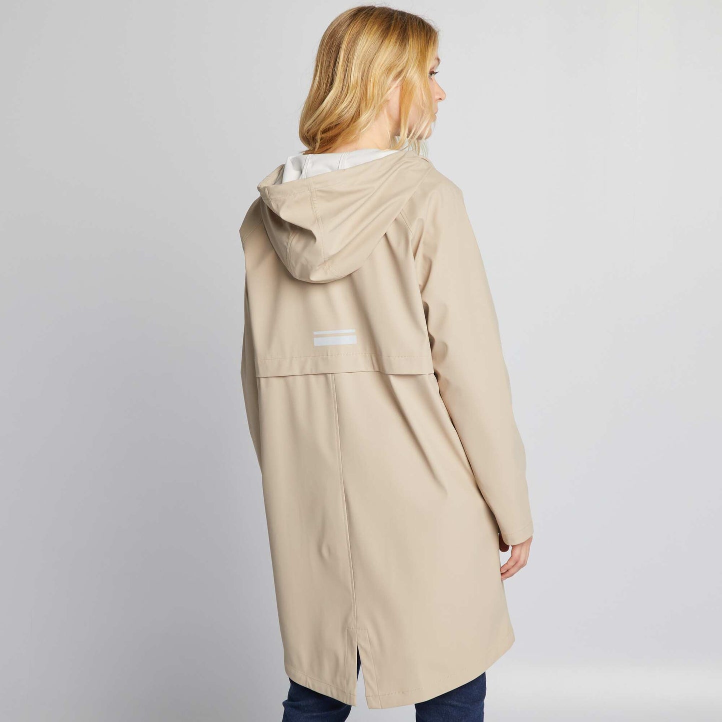 Long showerproof parka with reflective detailing BEIGE