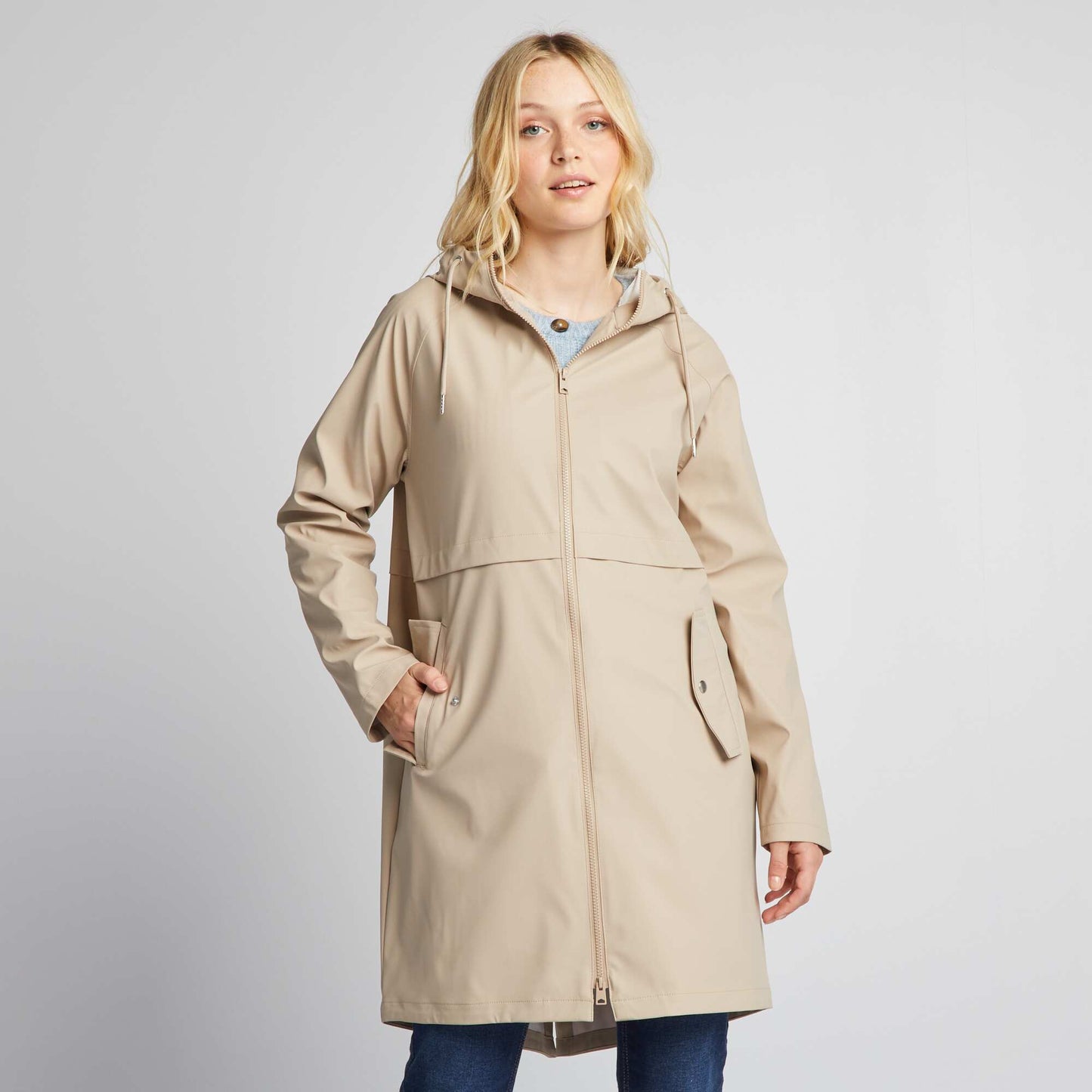 Long showerproof parka with reflective detailing BEIGE