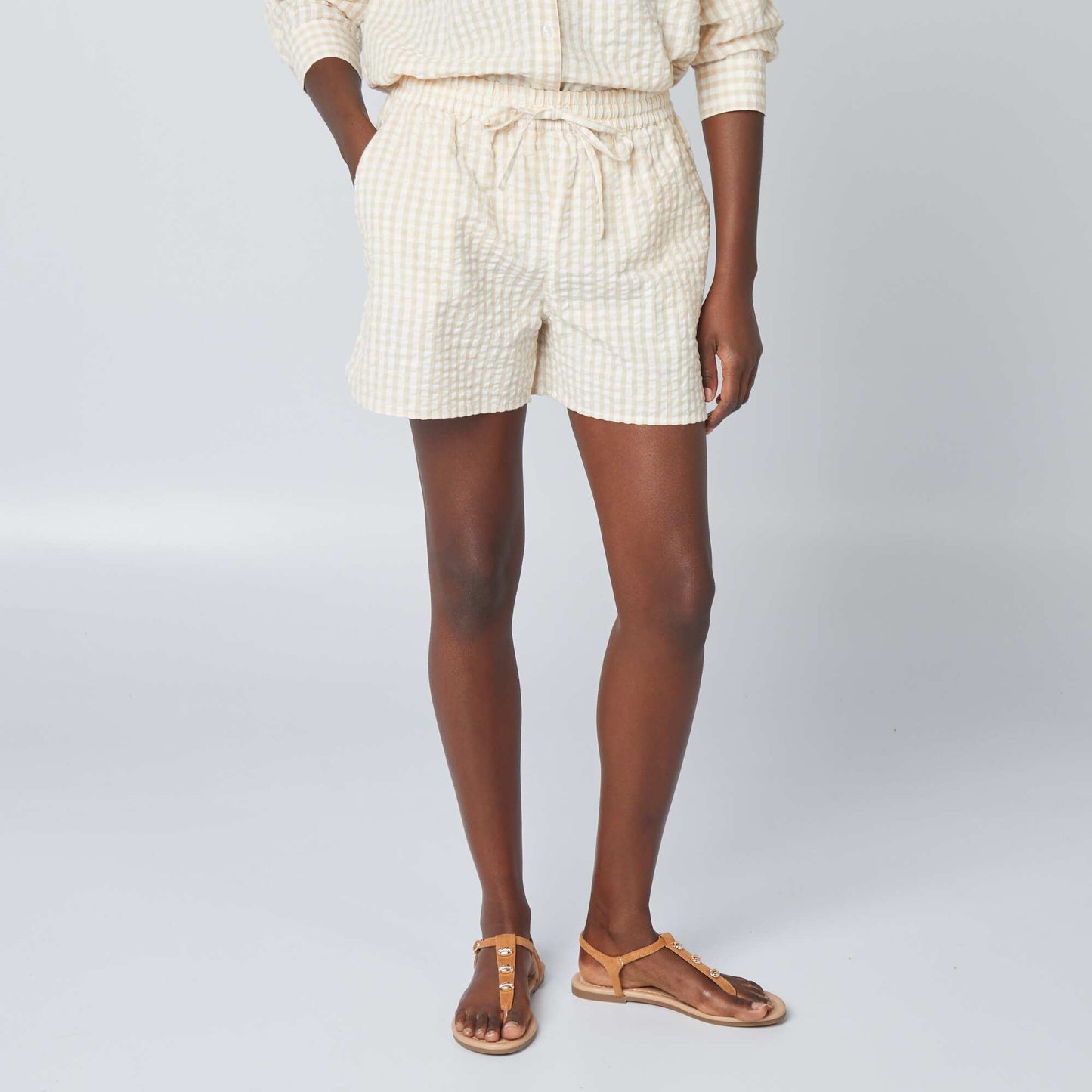 Gingham print waffled shorts BEIGE