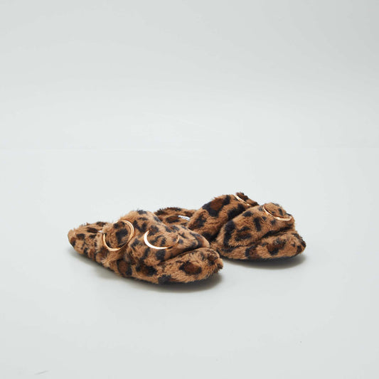 Furry leopardskin slippers BEIGE