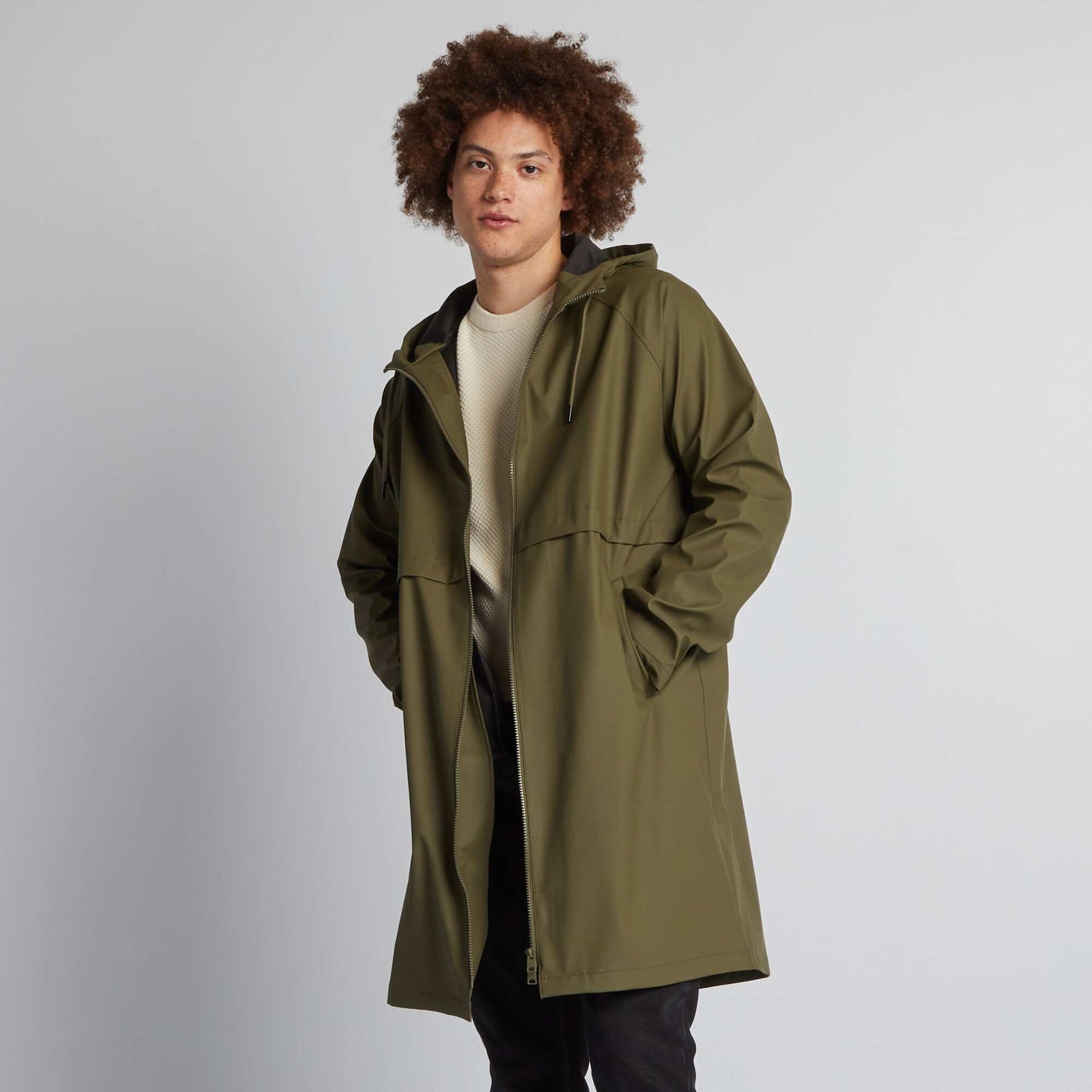 Longline showerproof parka with hood KHAKI