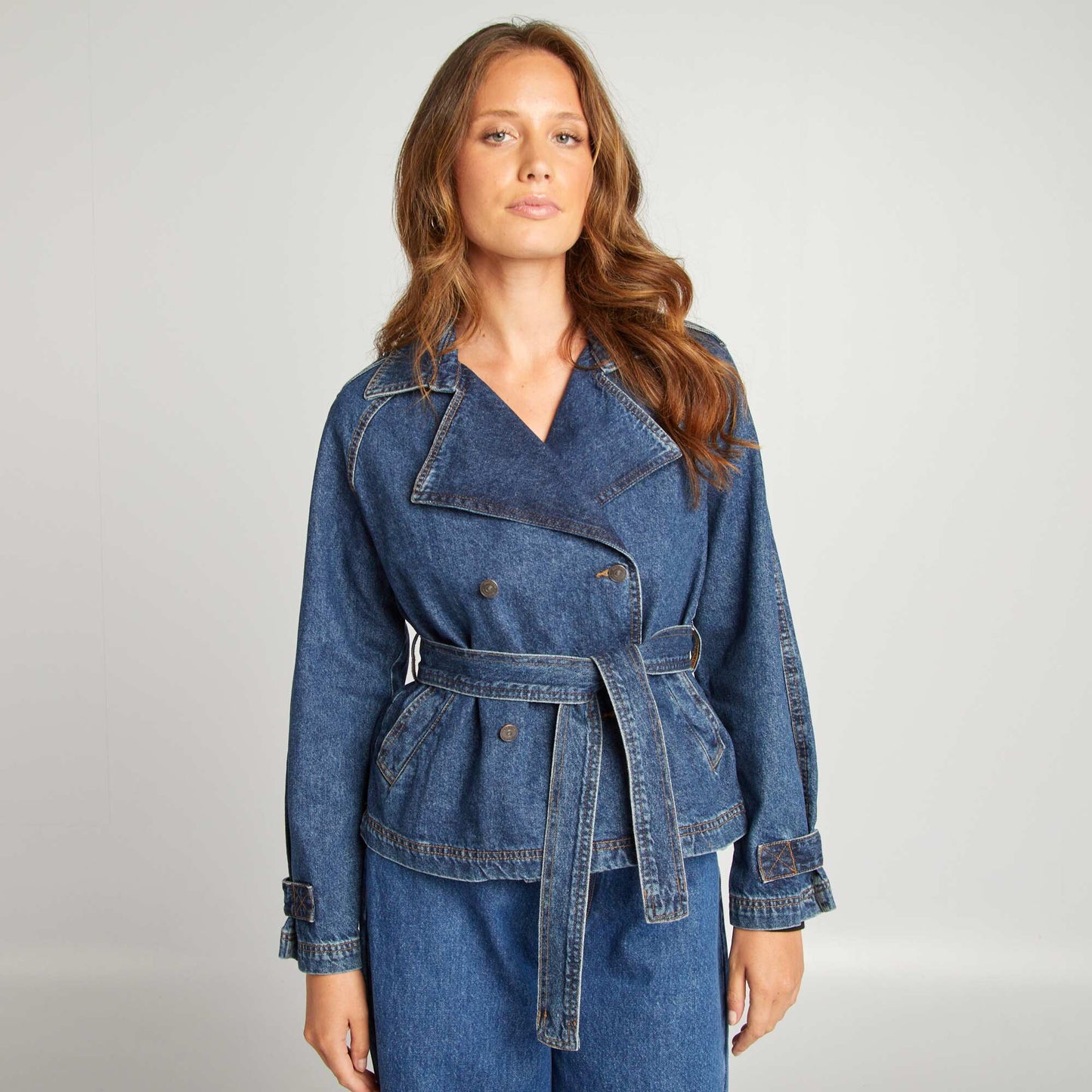 Denim cropped trench coat BLUE