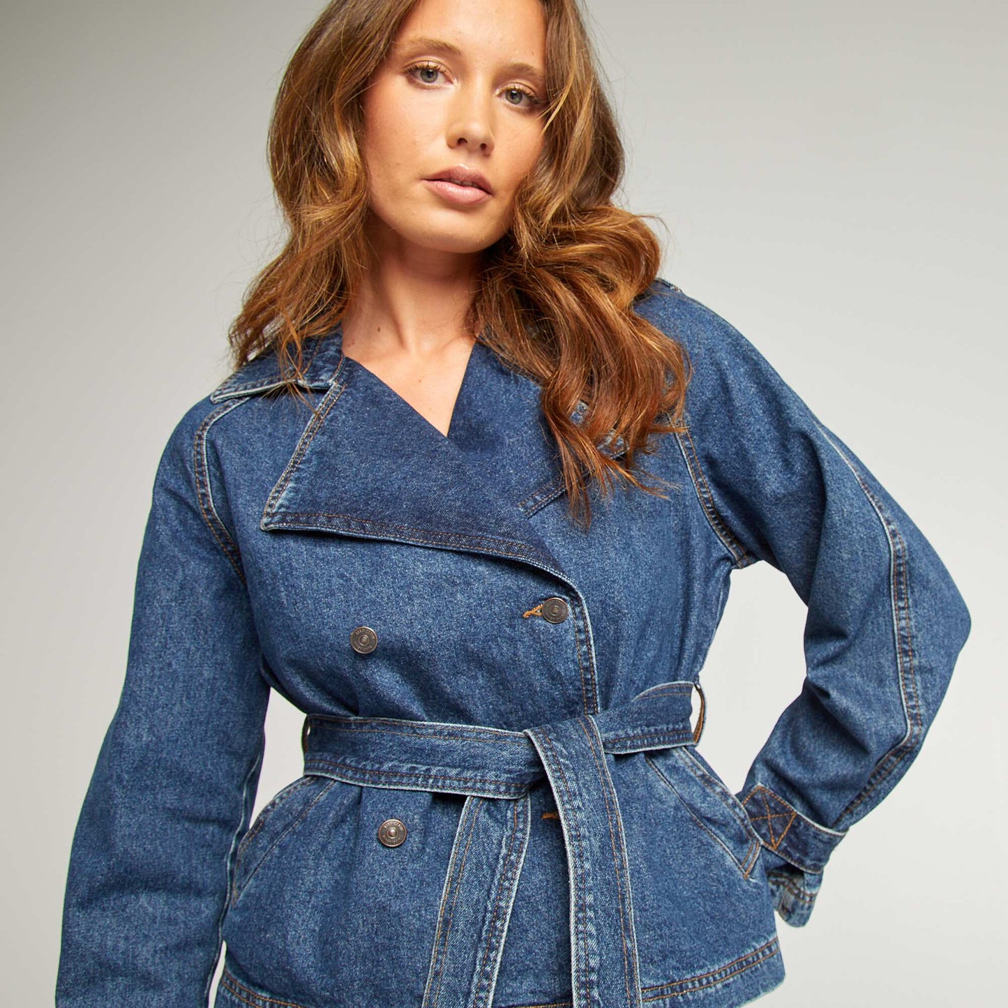 Denim cropped trench coat BLUE