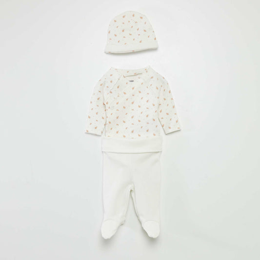 Body + bottoms with feet + beanie set WHITE