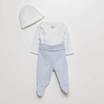 Body + bottoms with feet + beanie set WHITE
