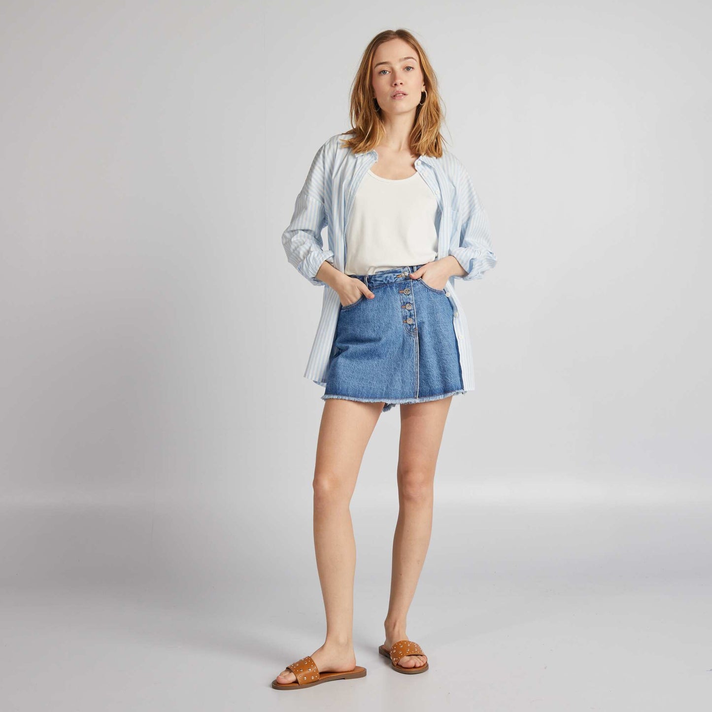 Denim skort with raw edging BLUE