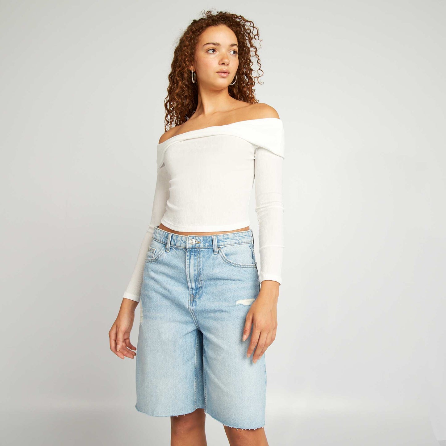 High-waisted denim Bermuda shorts BLUE