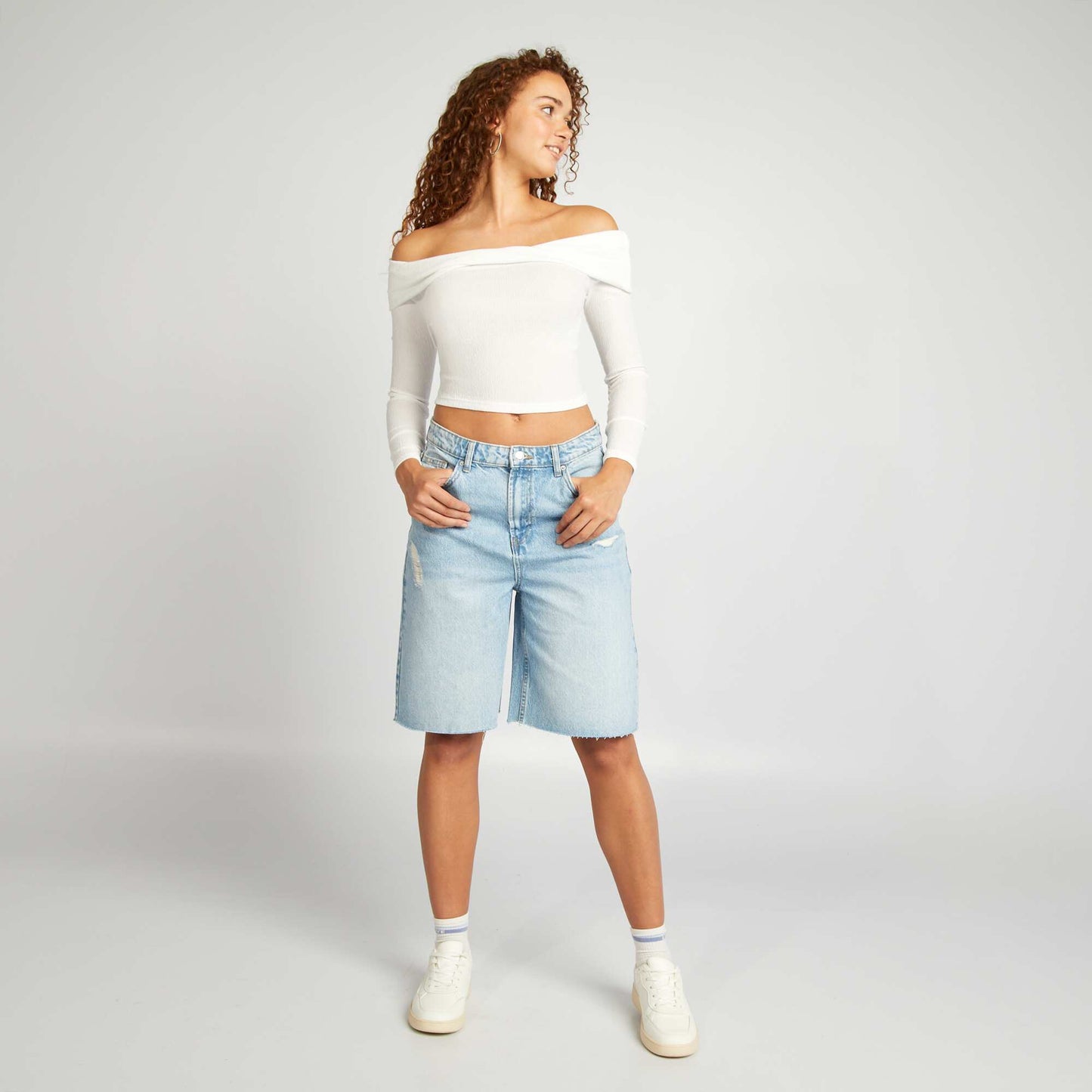 High-waisted denim Bermuda shorts BLUE