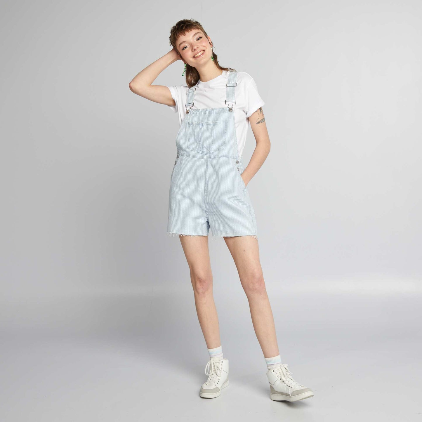 Striped denim dungaree shorts BLUE