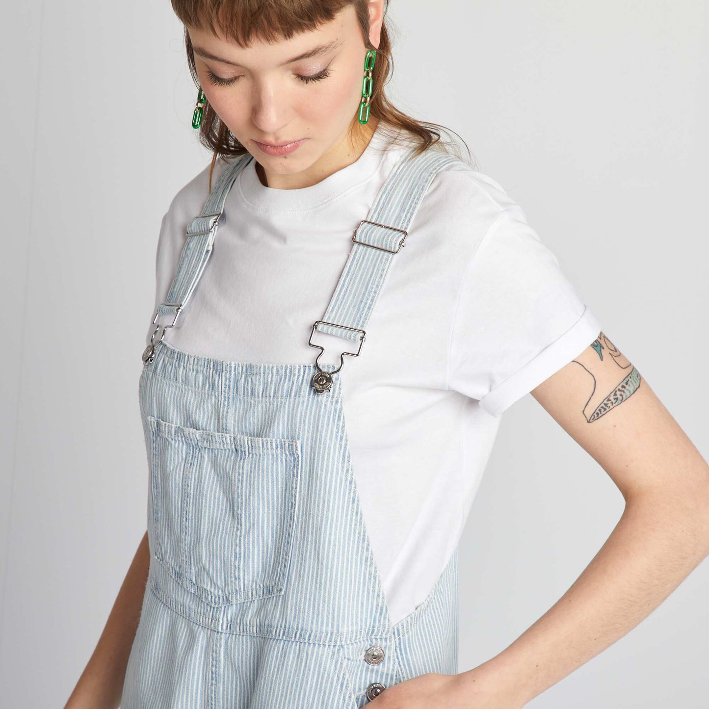 Striped denim dungaree shorts BLUE