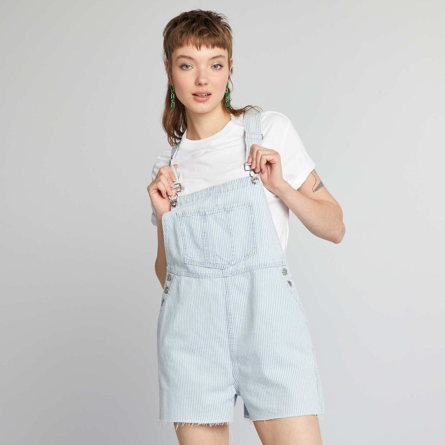 Striped denim dungaree shorts BLUE