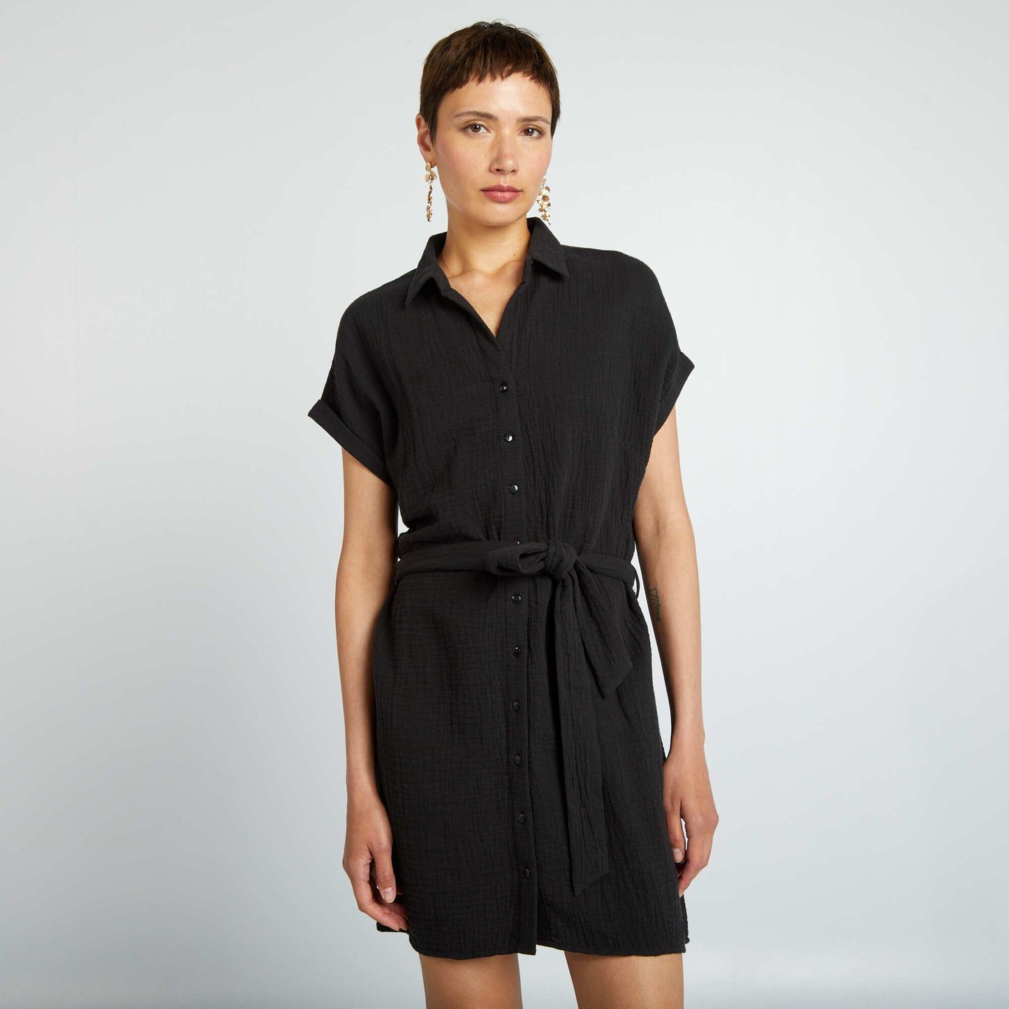 Short shirt-style double cotton gauze dress black