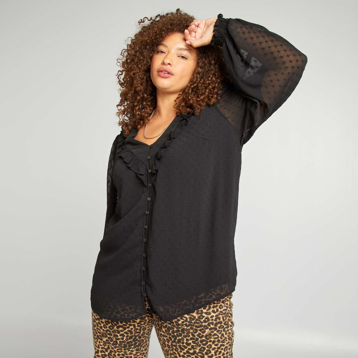 Ruffled dotted Swiss blouse black