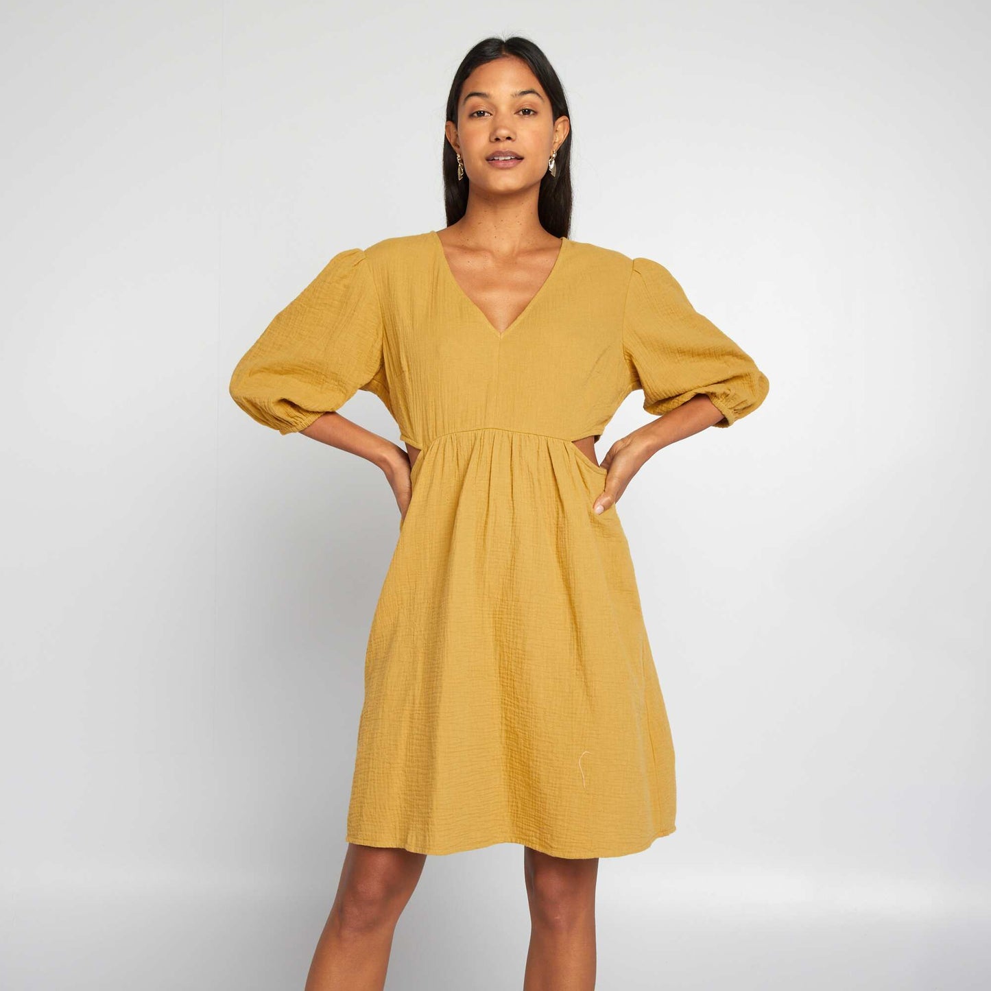 Cotton gauze dress with opening YELLOW