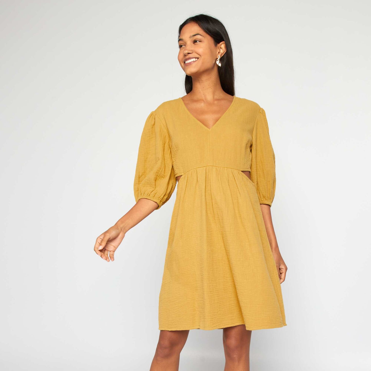 Cotton gauze dress with opening YELLOW