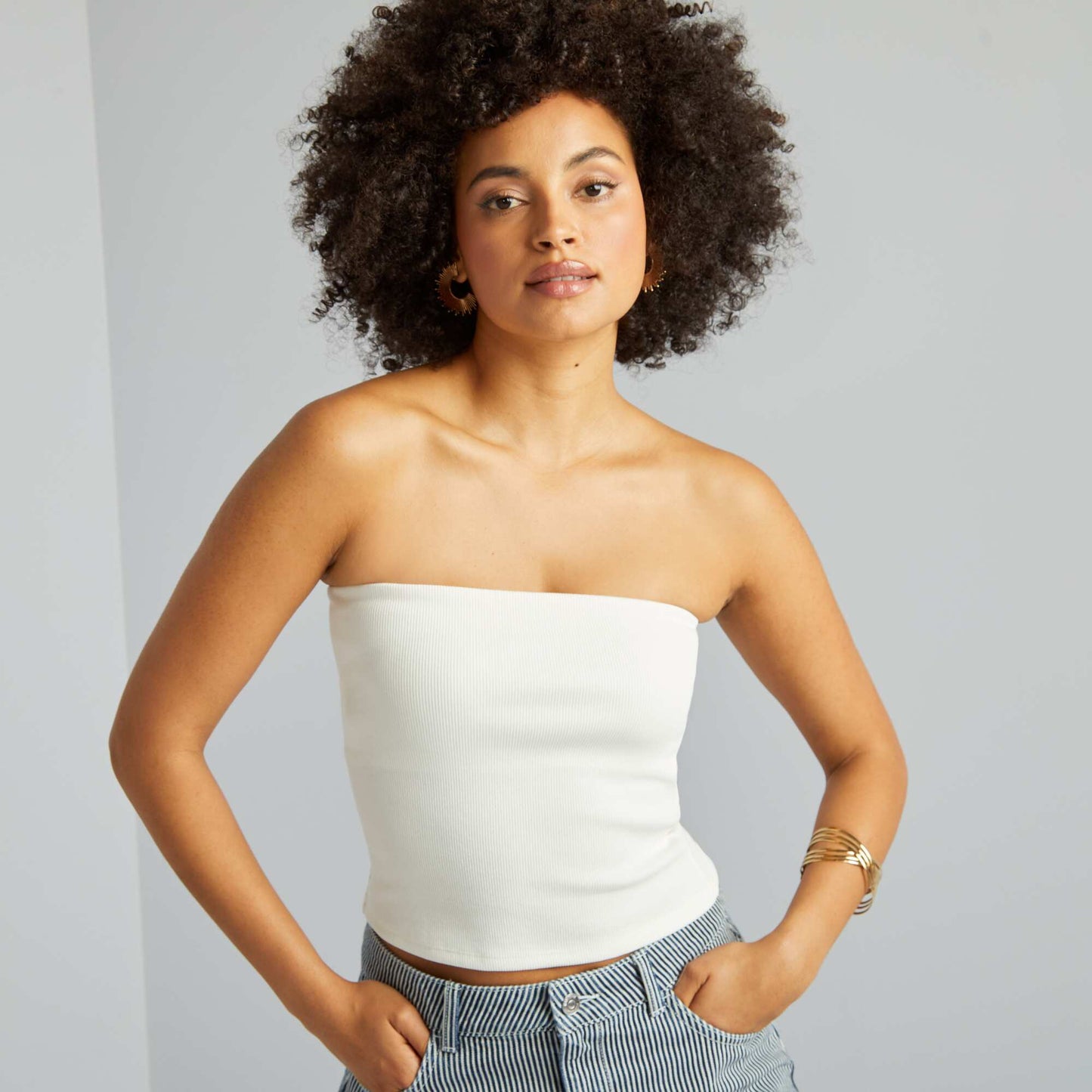 Ribbed strapless crop top WHITE