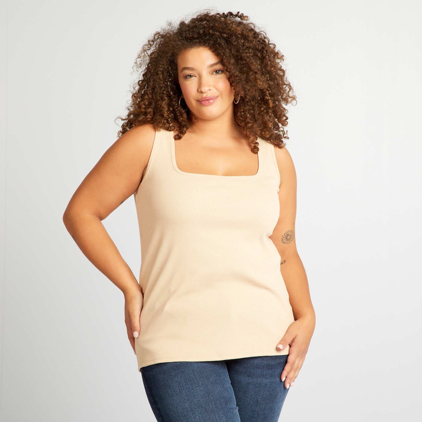 Ribbed vest top with square neckline BEIGE