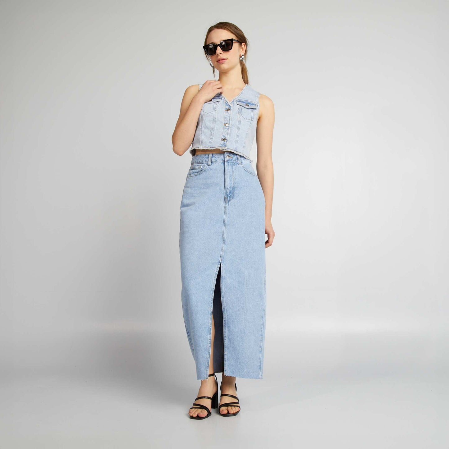 Long denim skirt with maxi slit BLUE