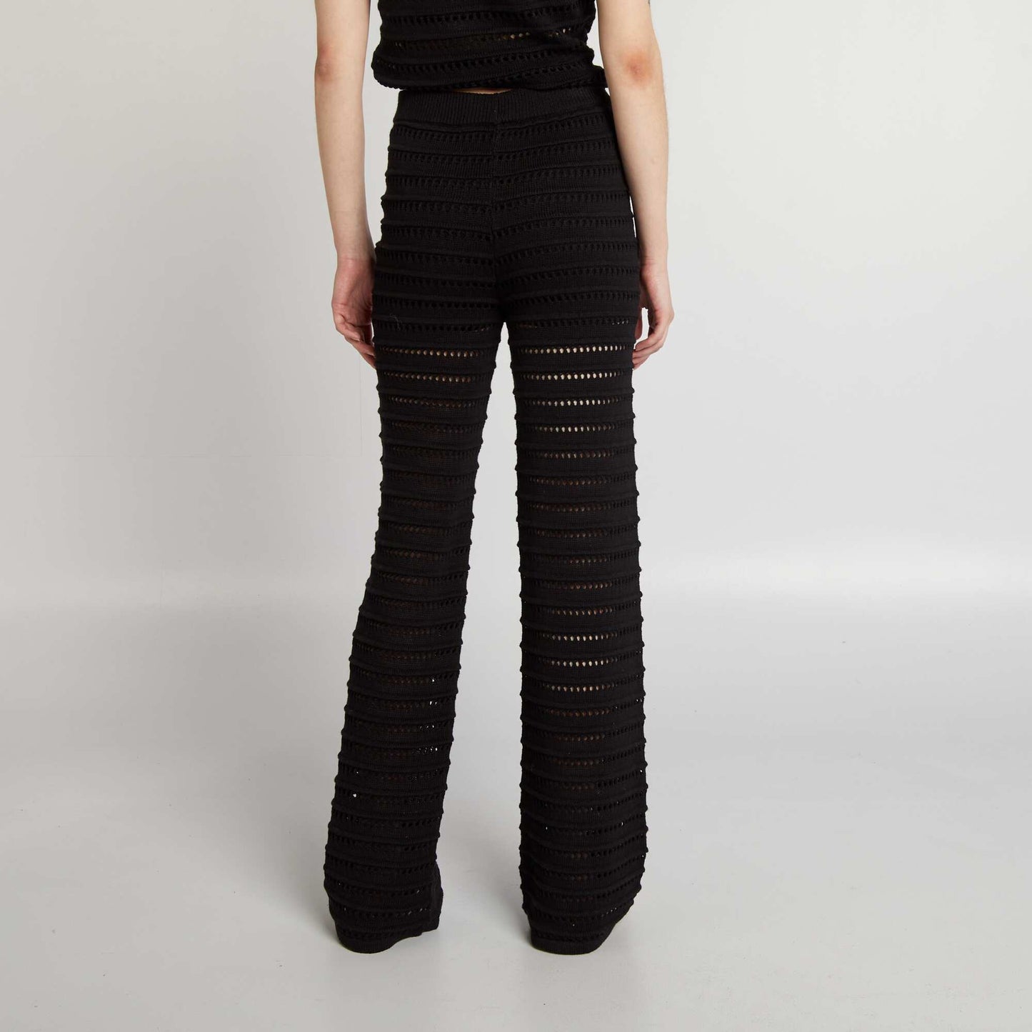 Openwork knit fabric wide-leg trousers with elasticated waist black