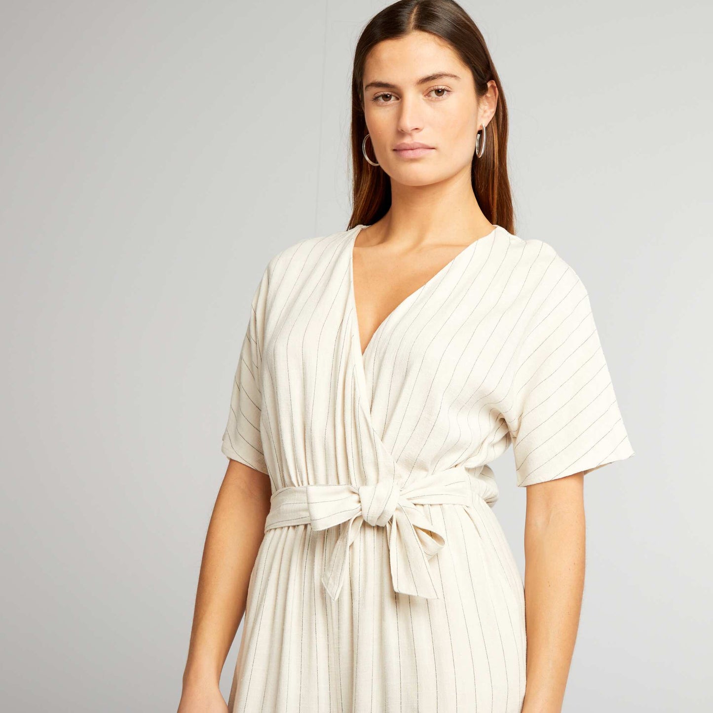 Striped jumpsuit with belt BEIGE