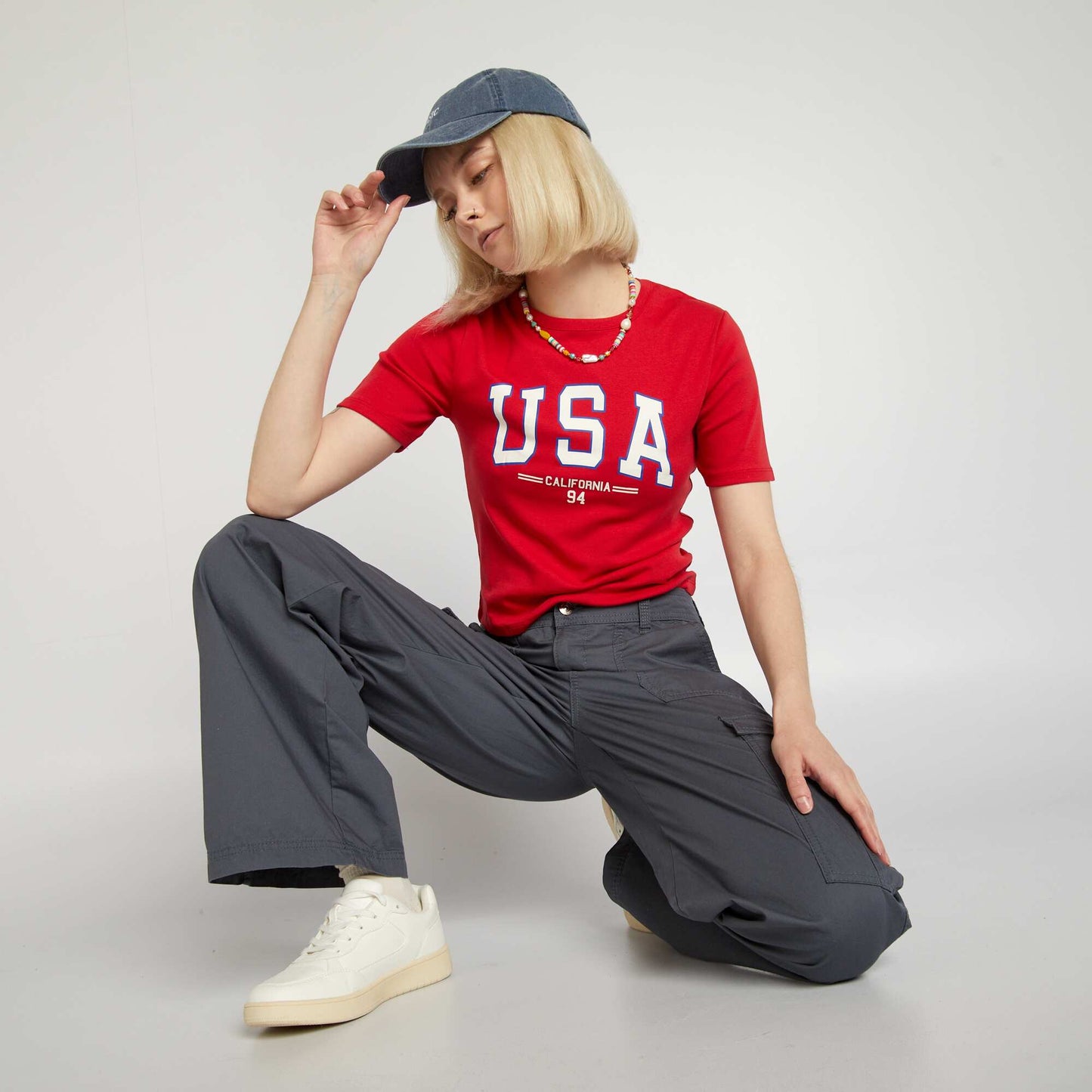 Cropped T-shirt with US varsity print RED