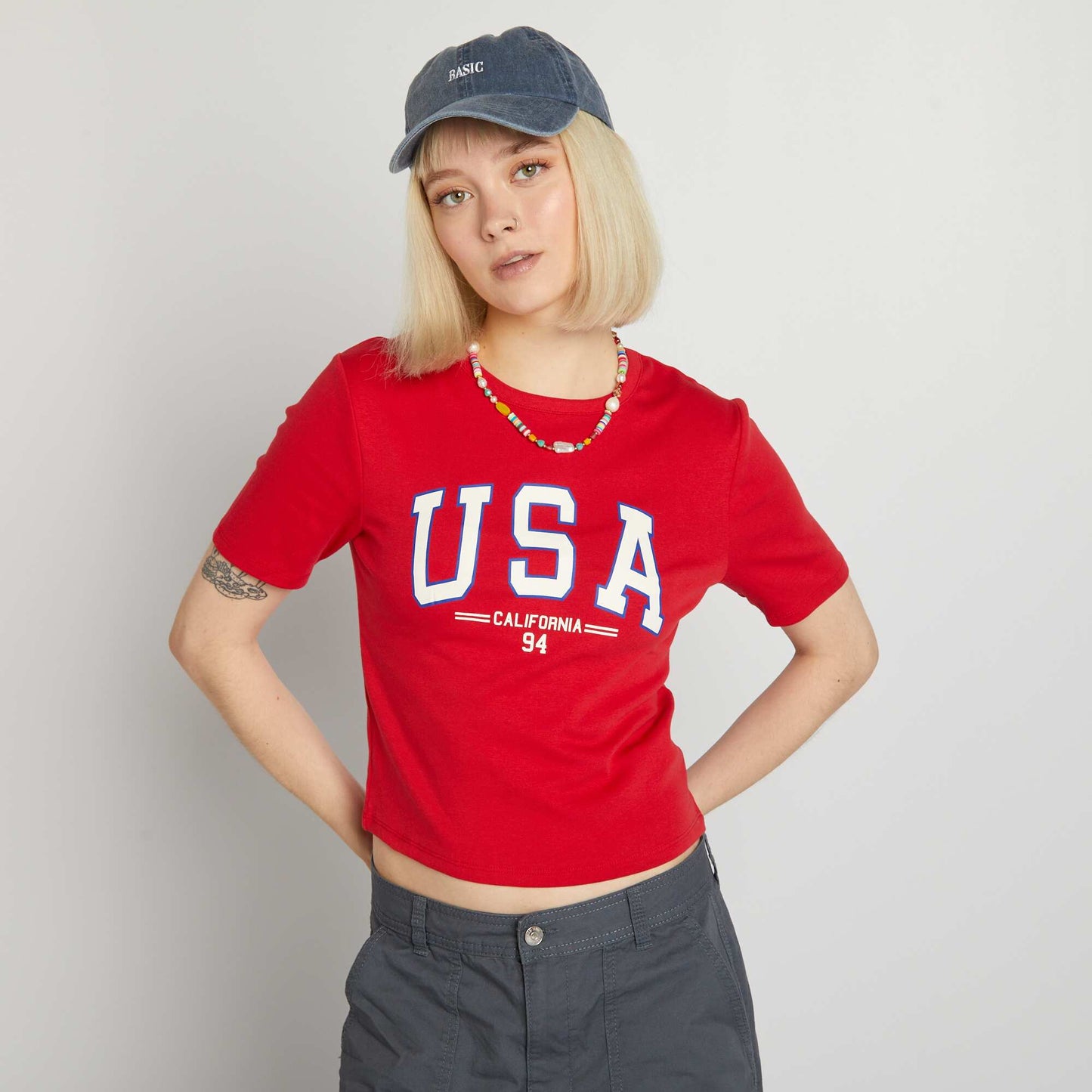 Cropped T-shirt with US varsity print RED