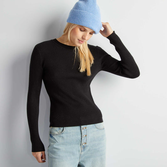 High-neck ribbed jumper black