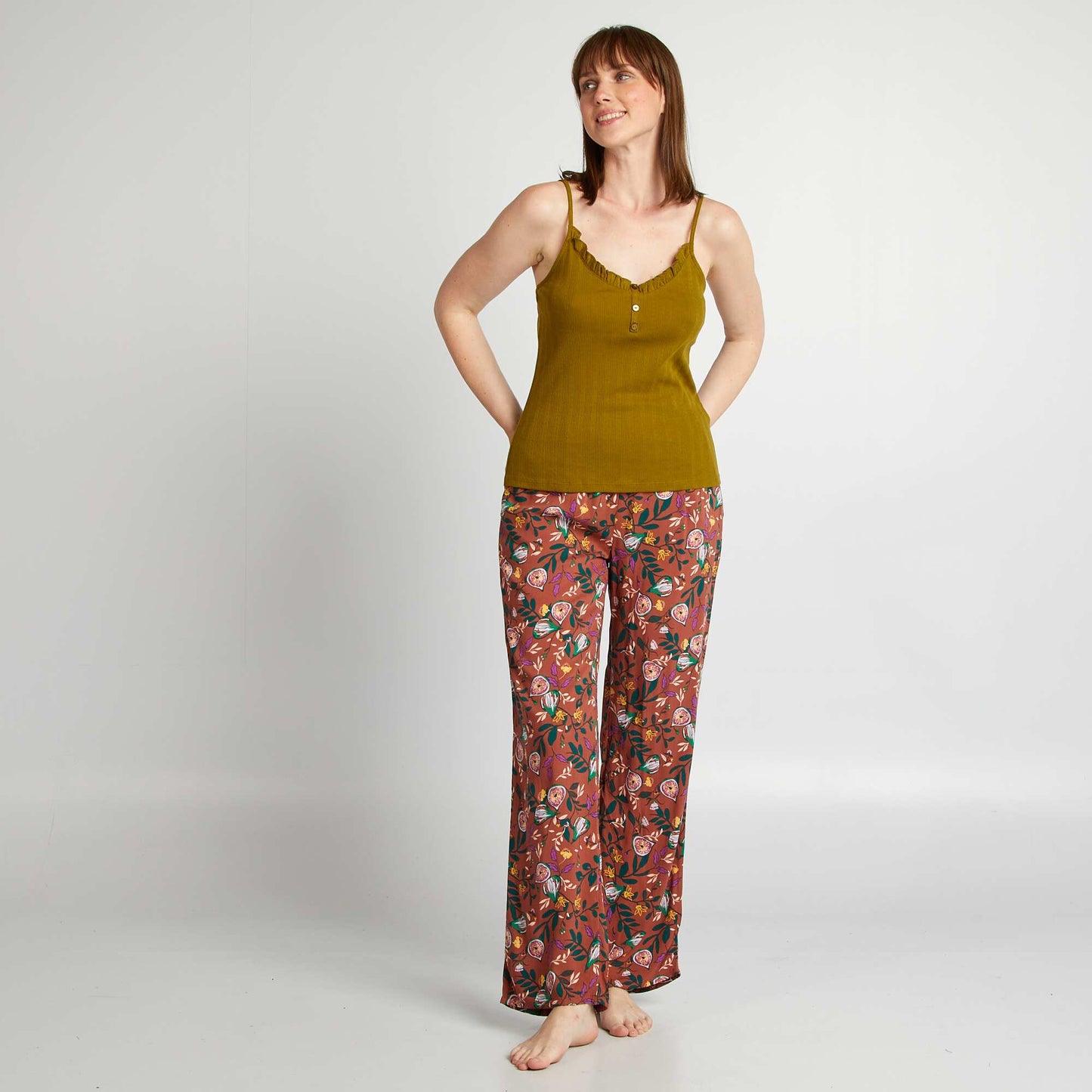 Printed wide-leg pyjama bottoms BROWN