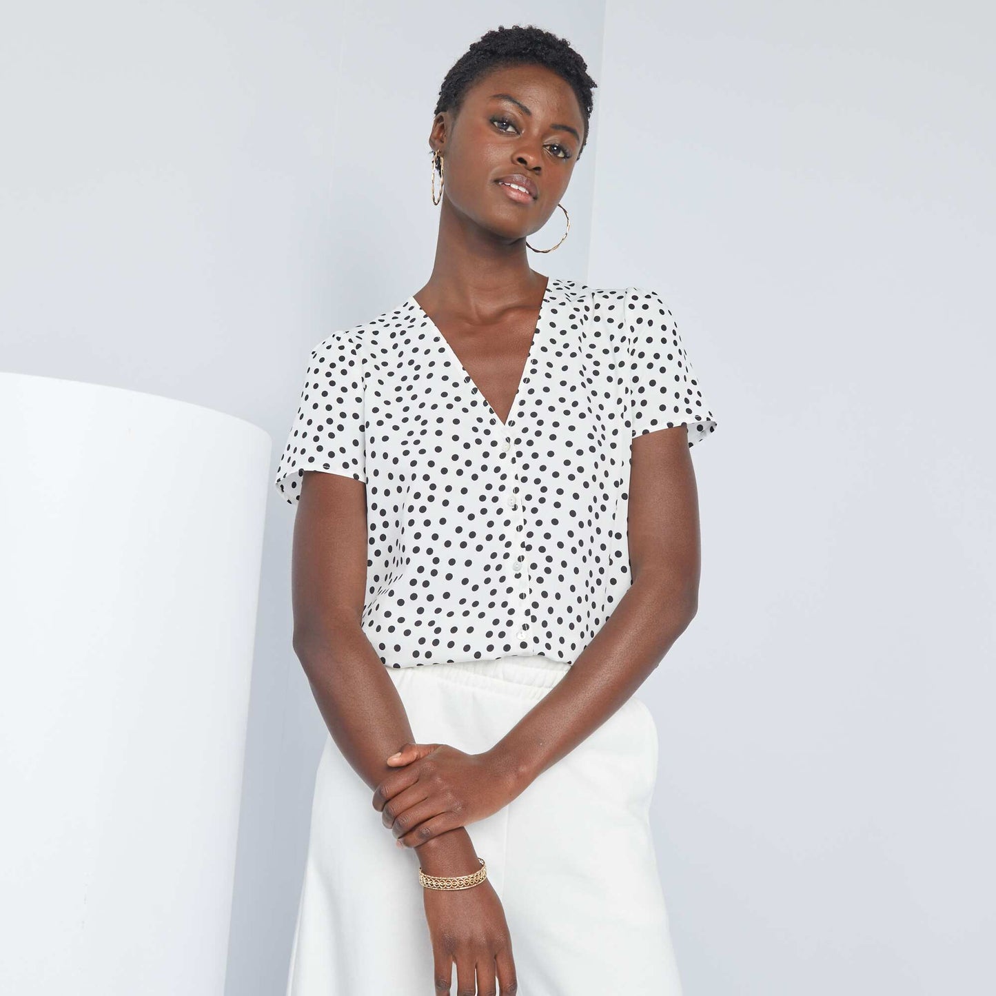 Polka dot print crepe blouse WHITE