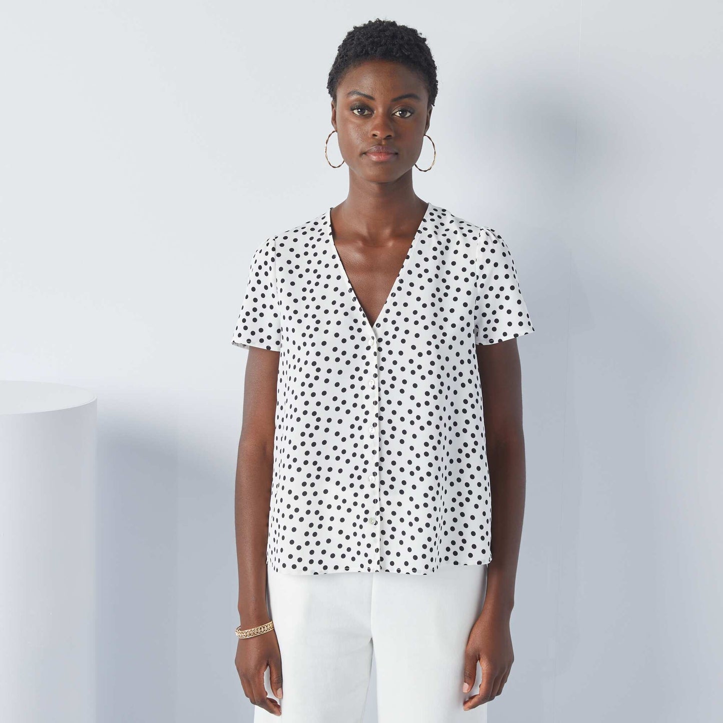 Polka dot print crepe blouse WHITE